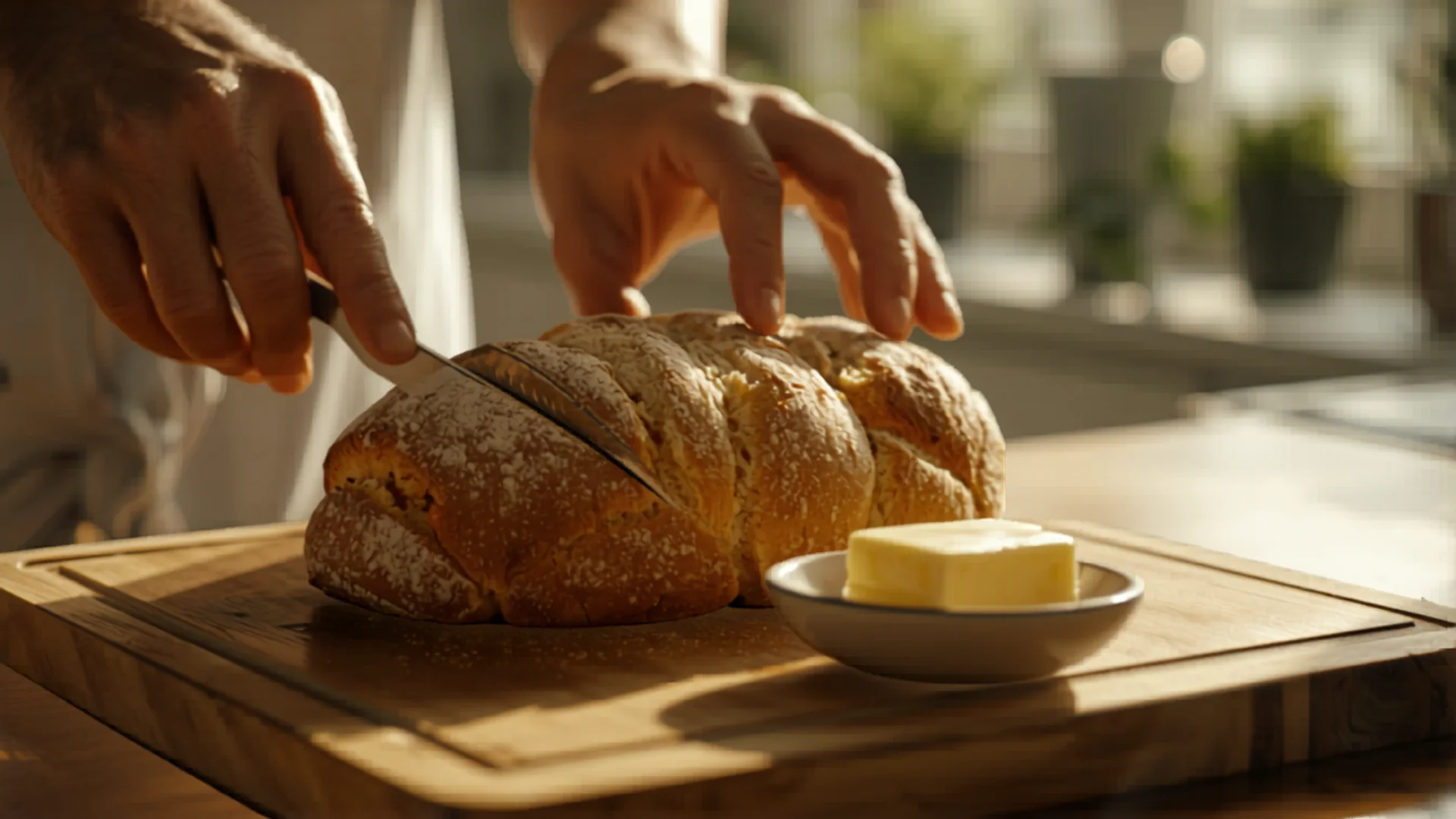 Homemade bread being sliced on wooden cutting board with butter