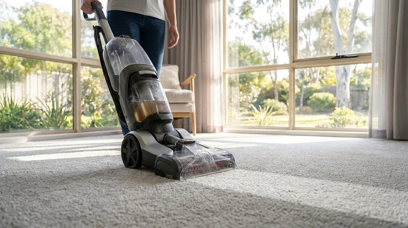 Full-size upright carpet cleaner deep-cleaning a carpeted living room