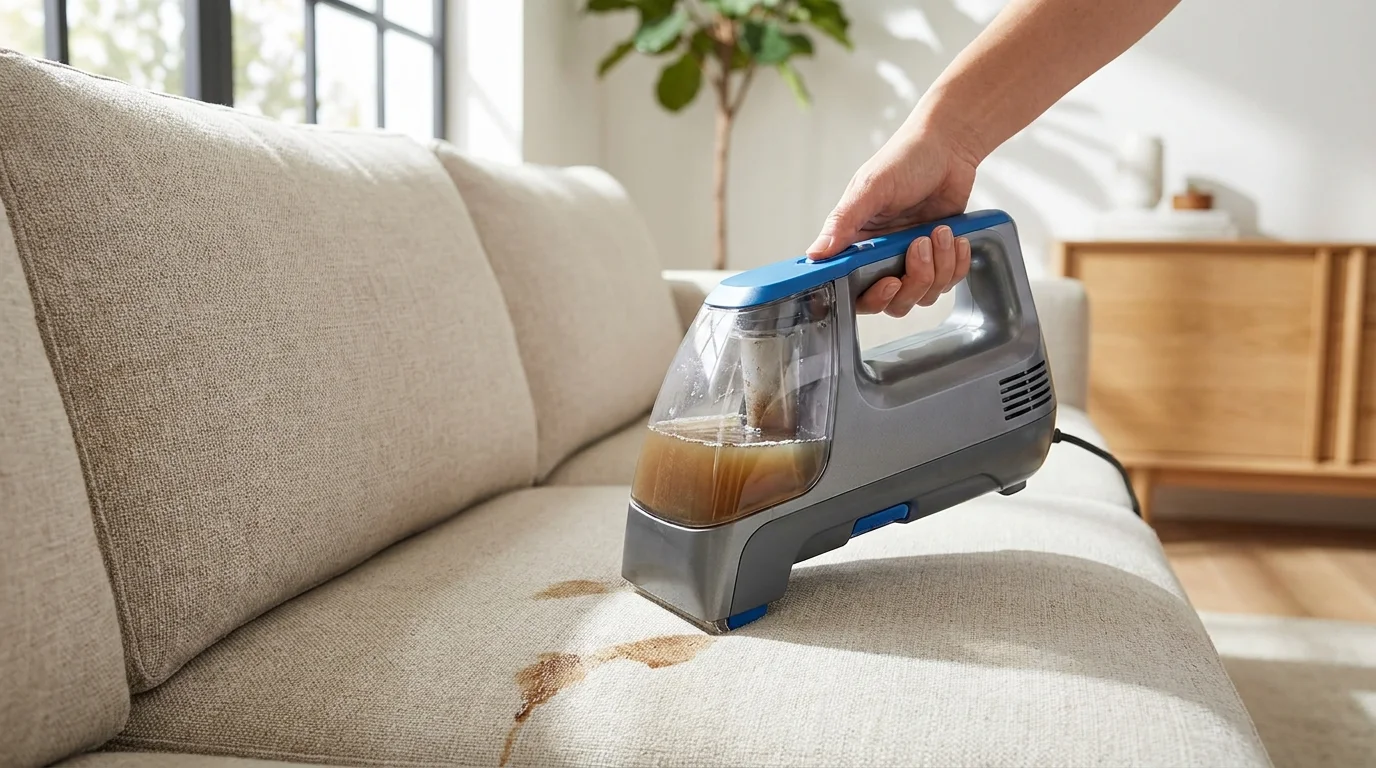 Portable spot carpet cleaner lifting a fresh stain from a beige carpet