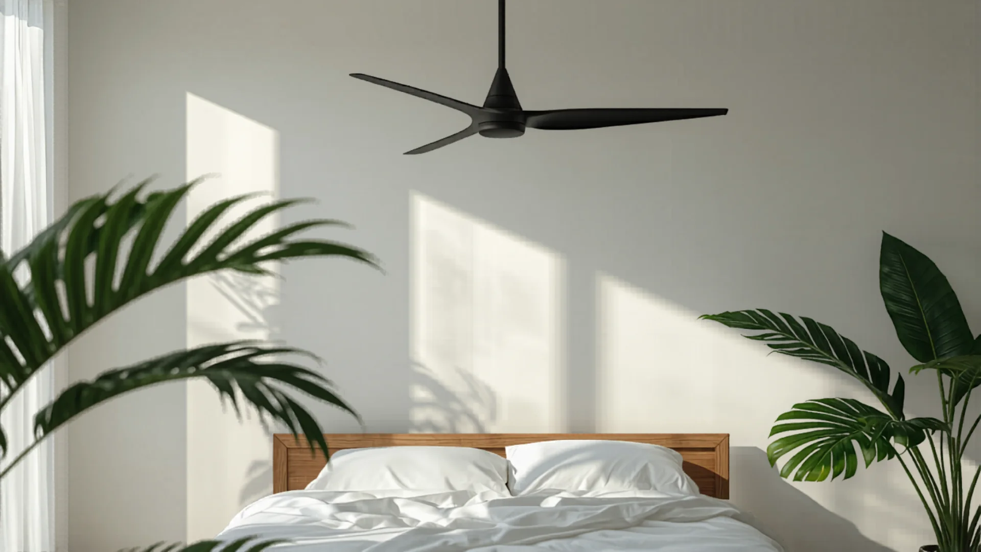 Elegant ceiling fan above bed in modern bedroom with white linen