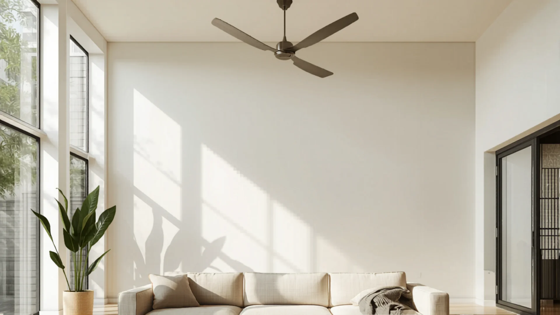 Modern ceiling fan in bright Australian living room with high ceilings