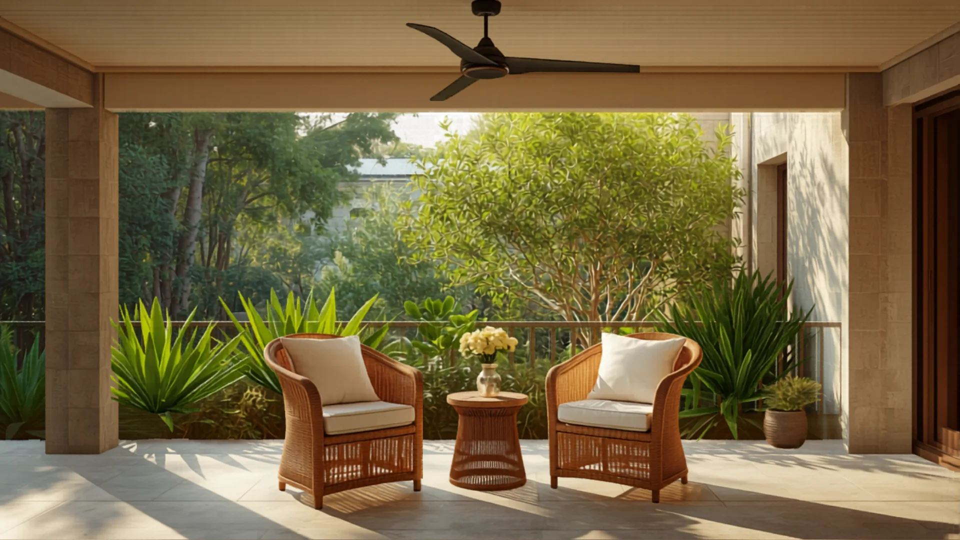 Outdoor ceiling fan on covered Australian patio with garden view