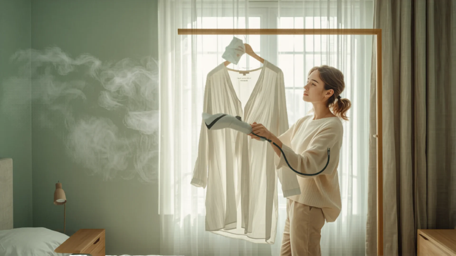 Person steaming shirt with handheld clothes steamer in modern bedroom