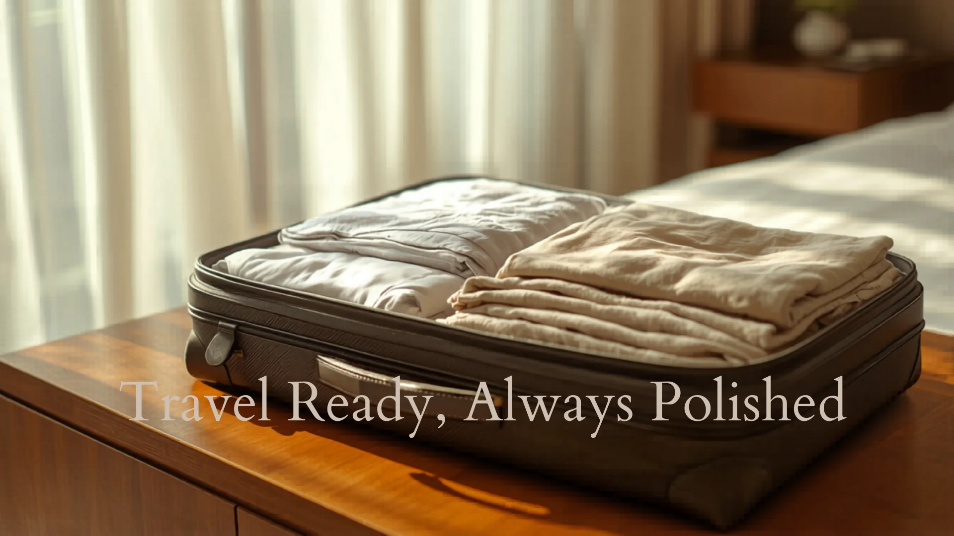 Compact travel clothes steamer packed with neatly folded clothes