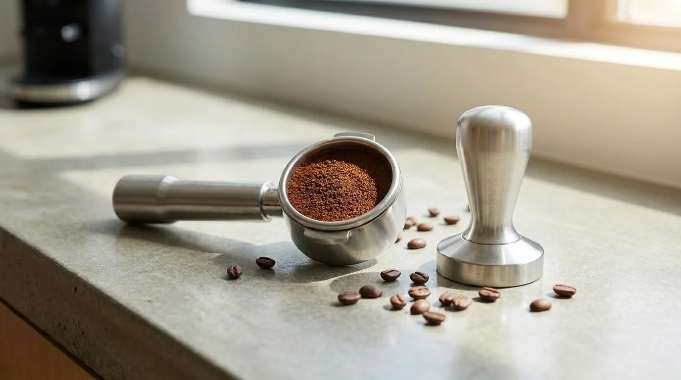 Finely ground coffee dosed into a portafilter for espresso extraction
