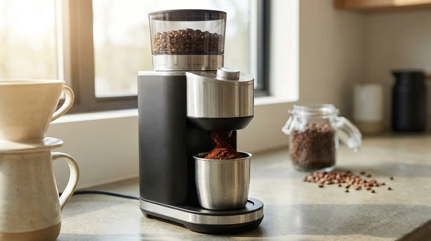 Coffee beans being ground in a burr coffee grinder in an Australian kitchen