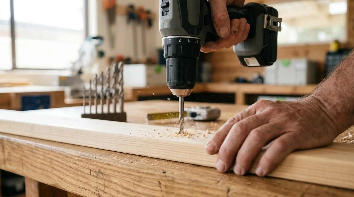Person using a cordless drill to drill a hole in timber at an Australian home