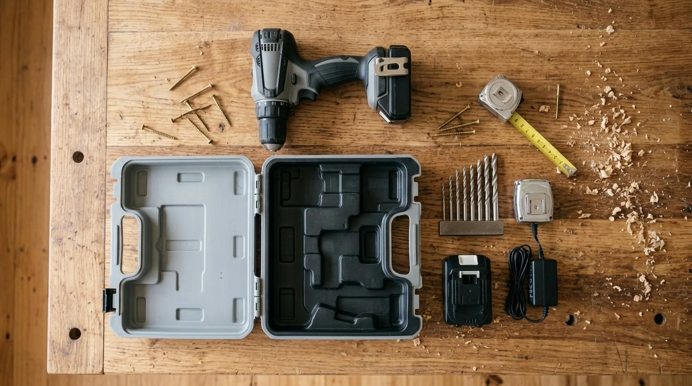 Cordless drill kit laid out with battery, charger and carry case on a workbench