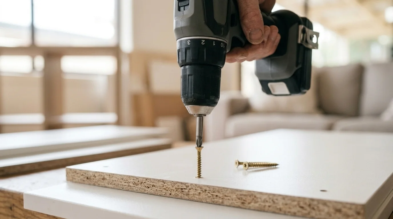 Close-up of a cordless drill driving a screw into a flat-pack furniture panel