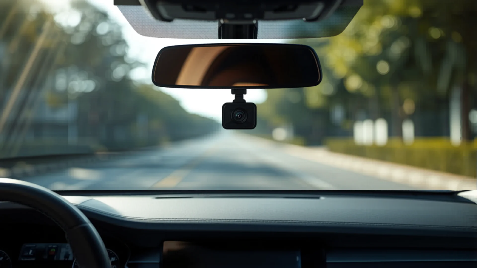 Modern car interior dashboard with mounted dash cam