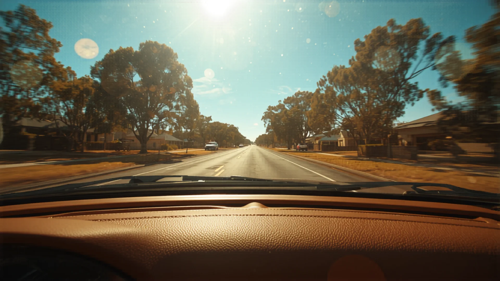View from inside car through windshield on Australian road