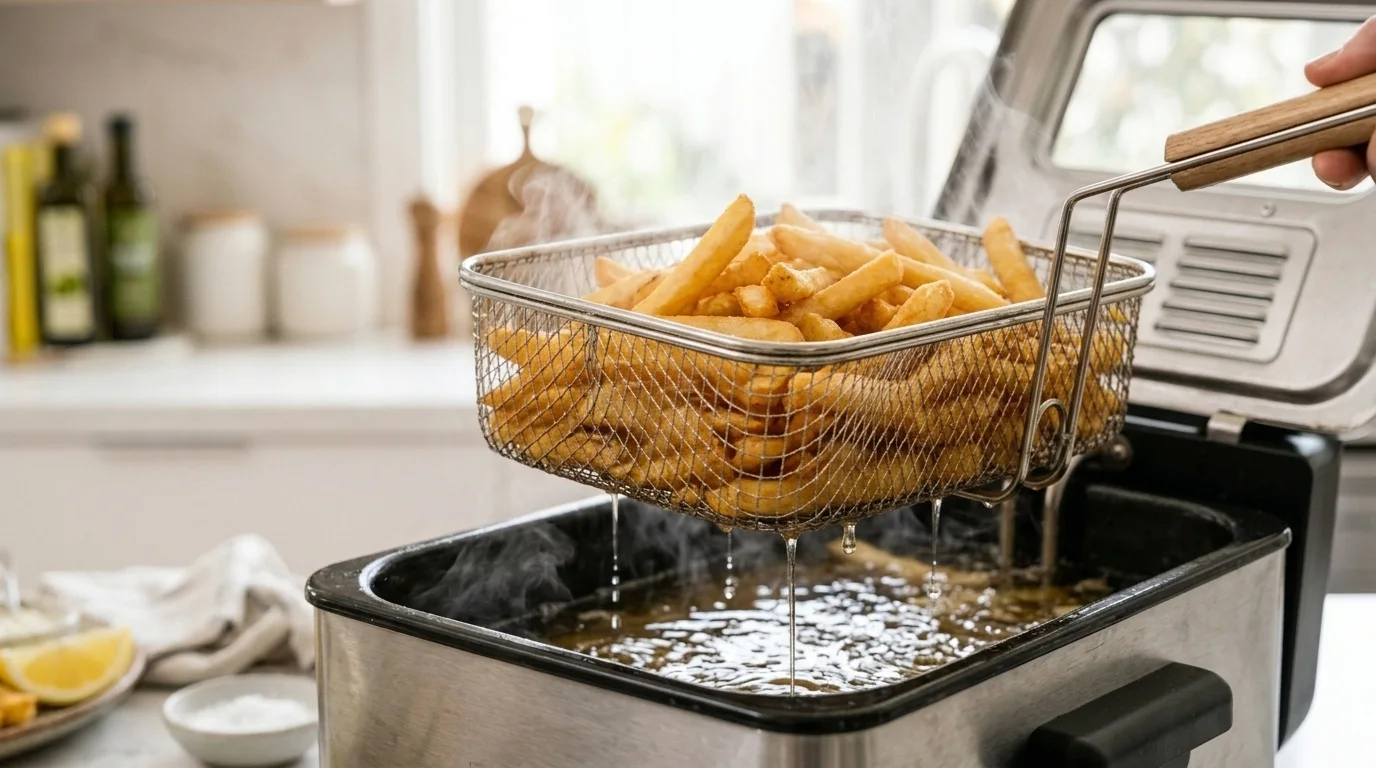 Stainless steel deep fryer basket lifted to drain crispy chips over the oil