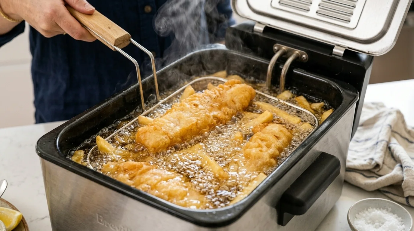 Golden battered fish and chips frying in hot oil in a benchtop deep fryer