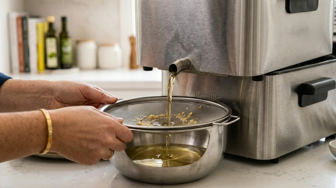 Oil filtration system draining clean oil from a deep fryer after use