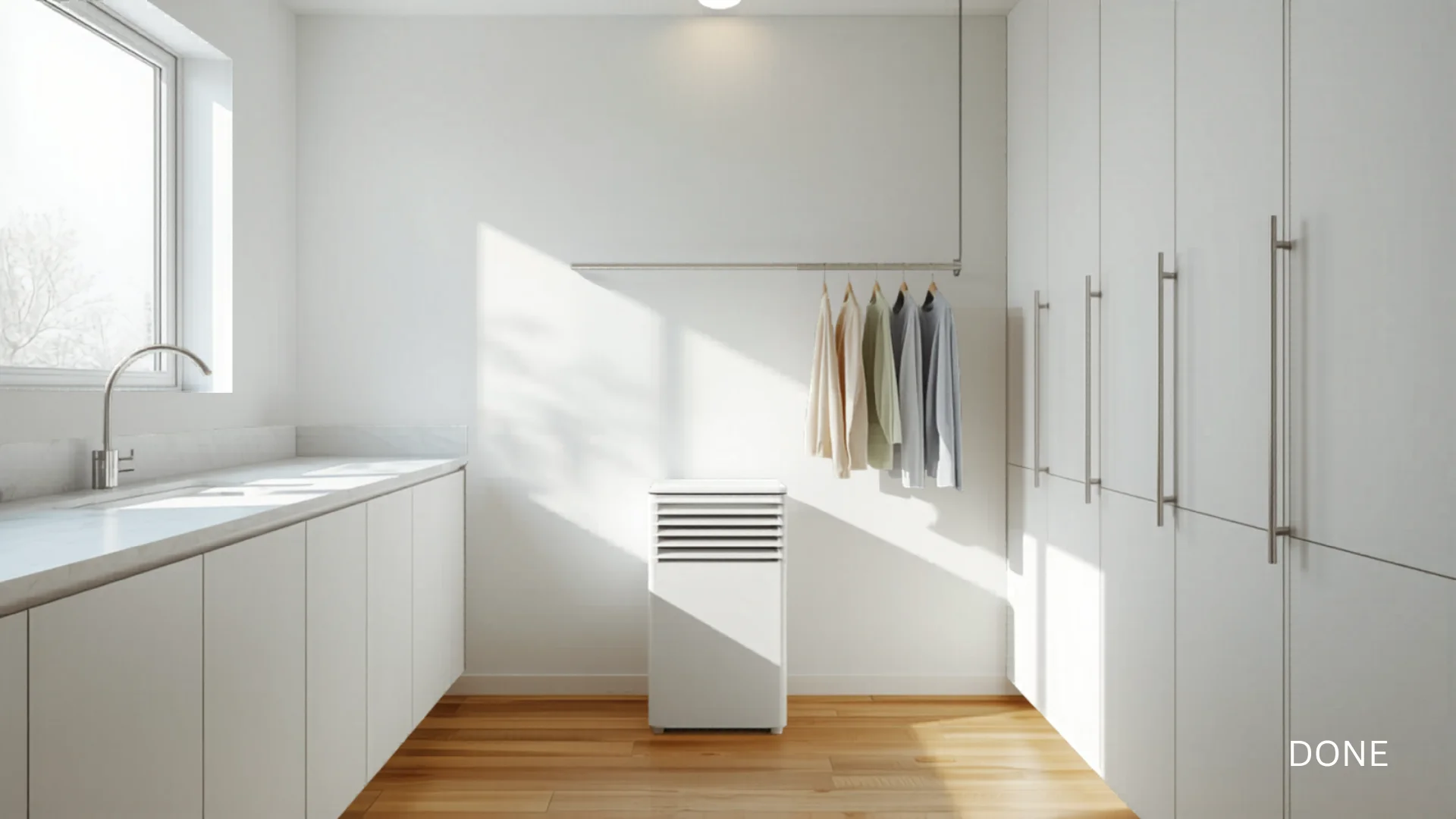 Laundry room with dehumidifier and clothes drying on rack