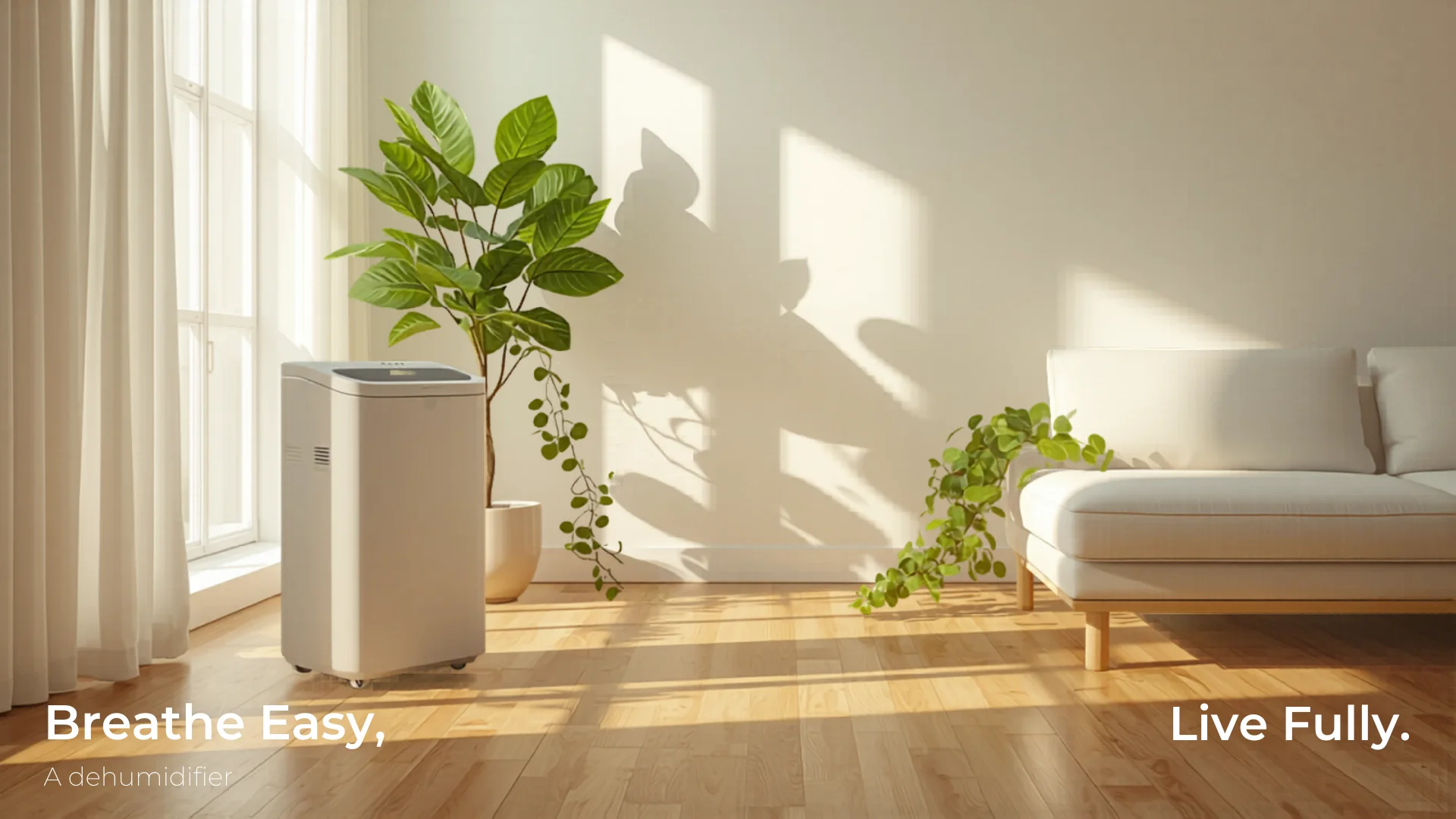 Modern dehumidifier in bright Australian living room with fresh air