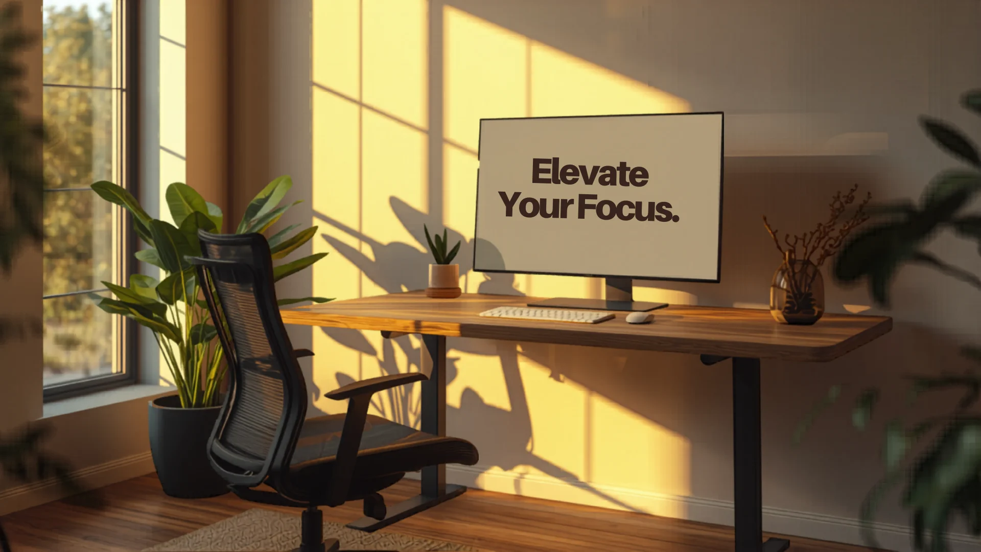 Modern home office with ergonomic desk chair and natural light