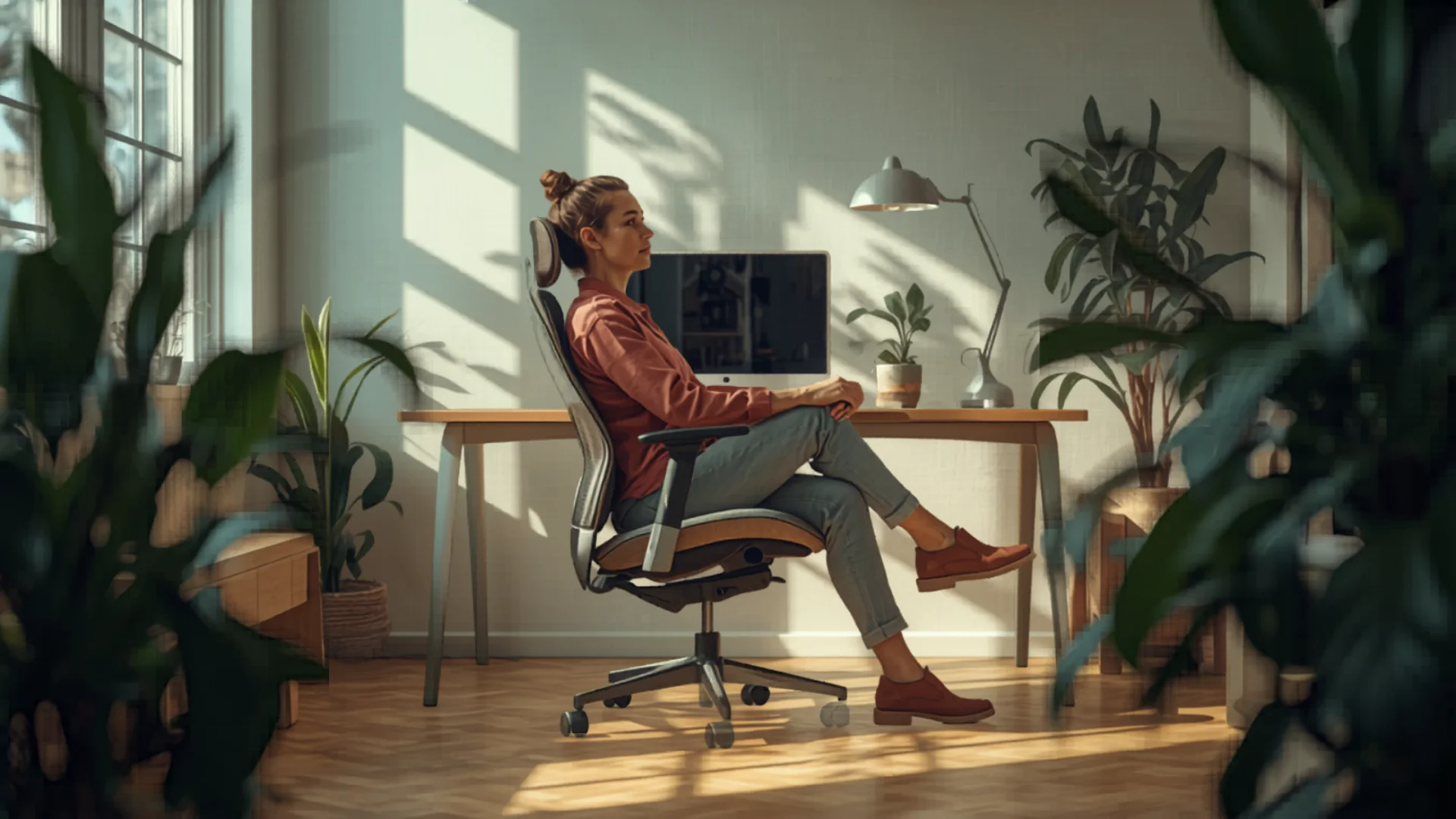 Person with good posture in ergonomic office chair at desk