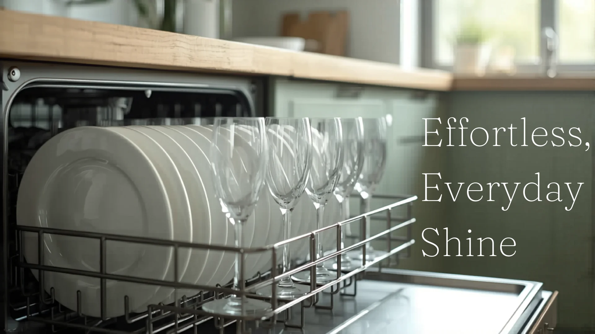 Sparkling clean dishes and glasses in open dishwasher rack