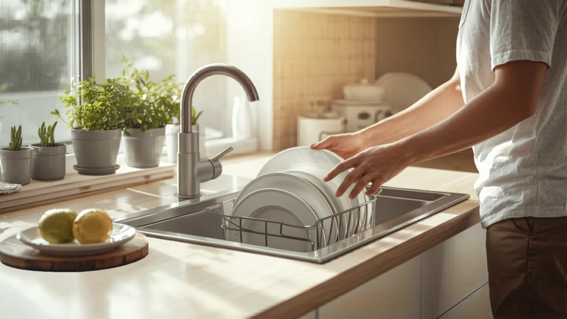 Person loading plates into modern dishwasher in bright Australian kitchen