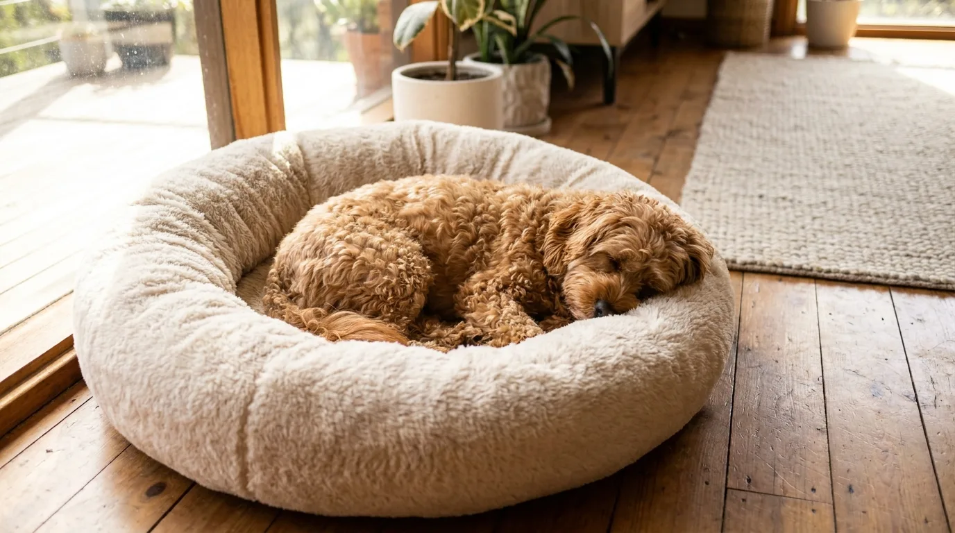 Small anxious dog curled up inside a fluffy calming donut dog bed with a raised rim