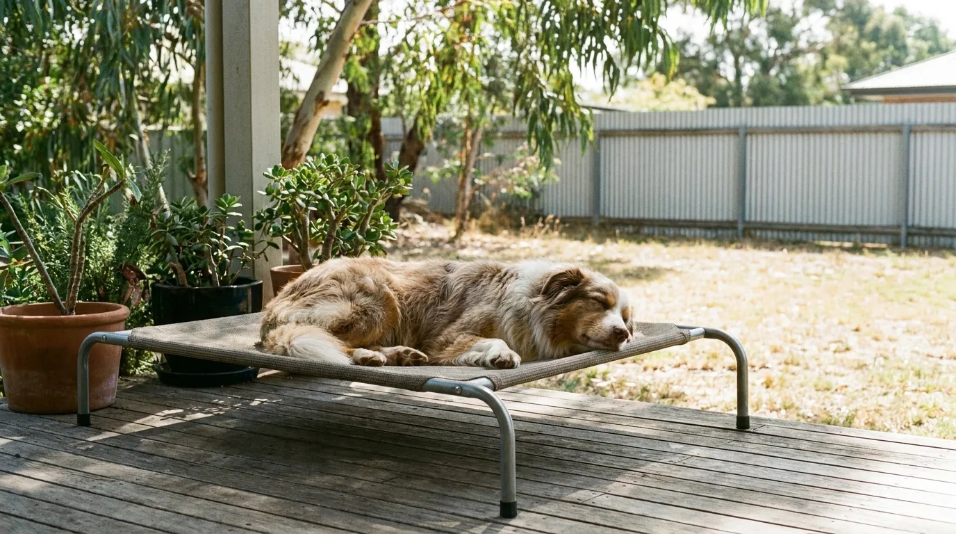 Large dog lying on a raised elevated mesh dog bed on an Australian verandah in summer