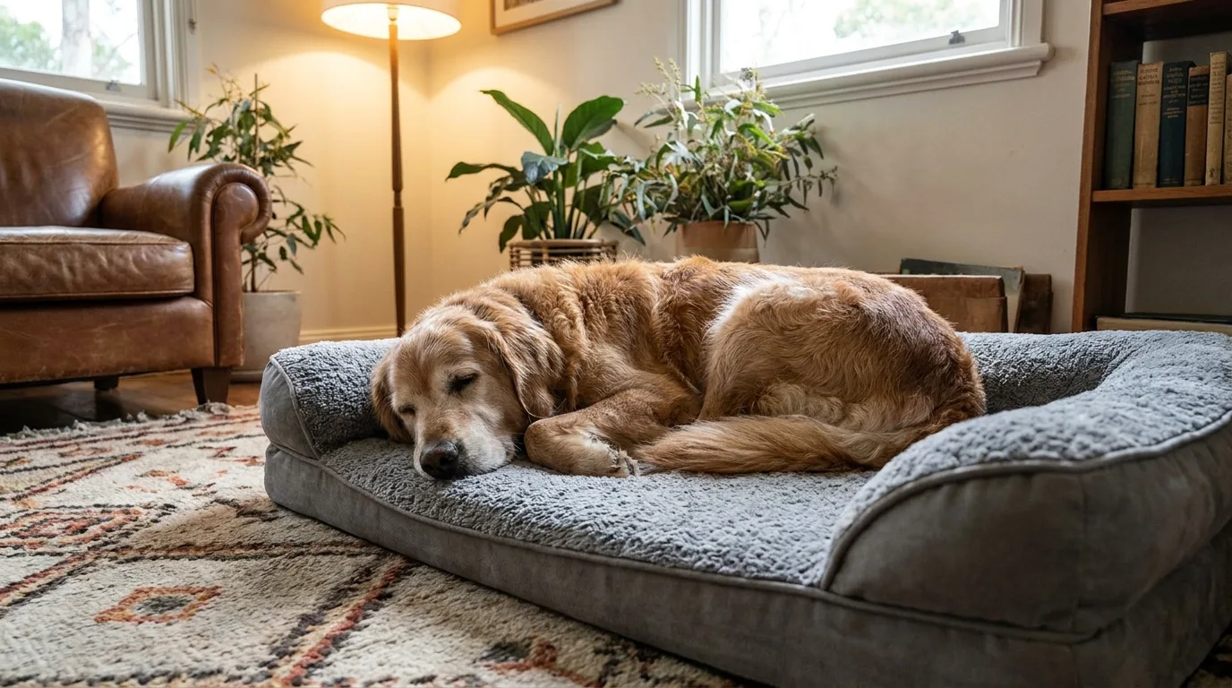 Older large dog resting on an orthopedic memory-foam dog bed with bolstered sides in an Australian living room