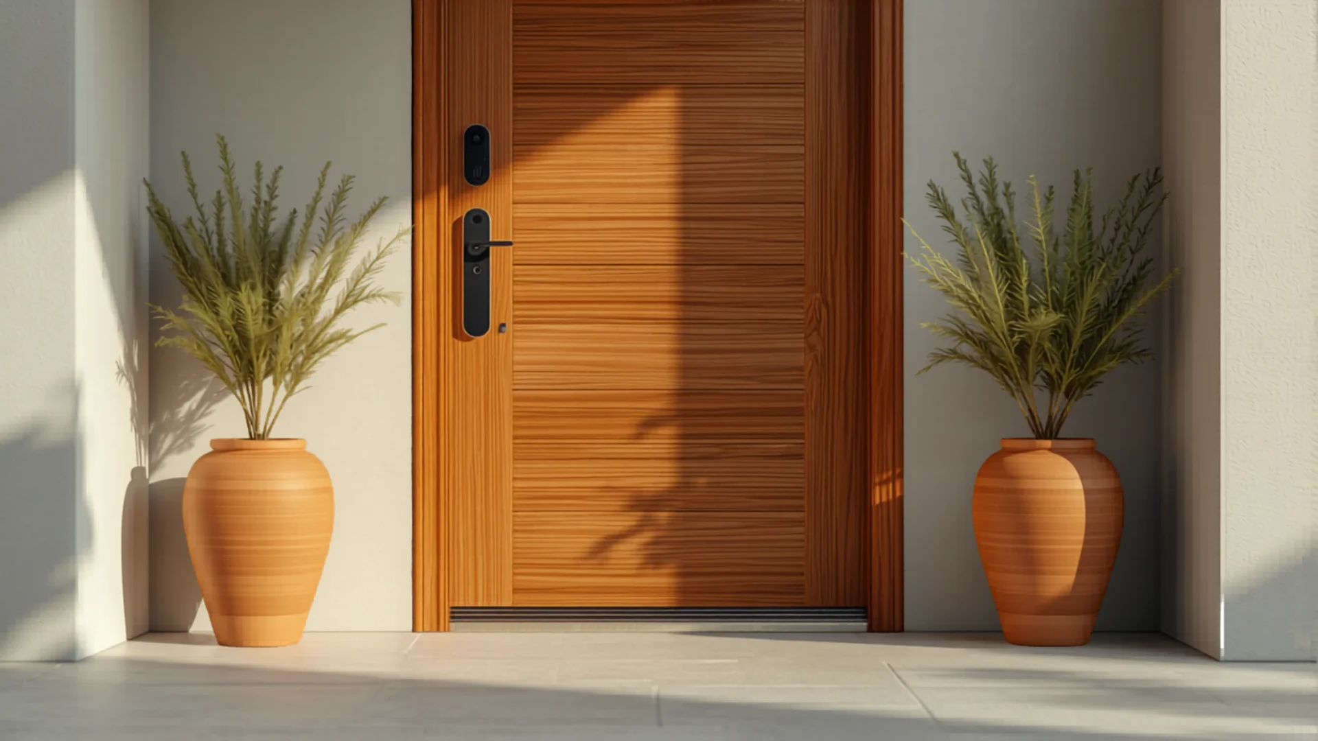 Modern Australian home front door with smart video doorbell mounted