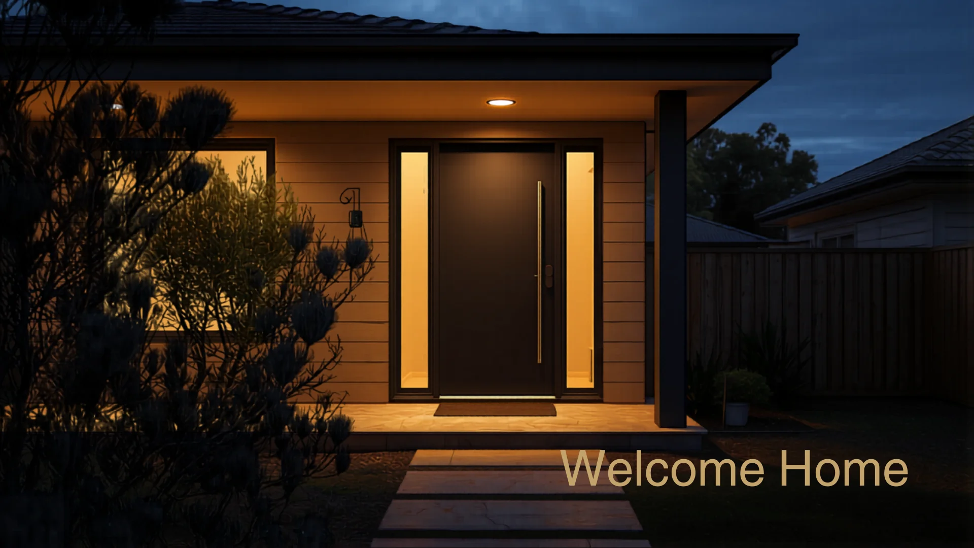 Modern Australian home exterior at dusk with warm porch light
