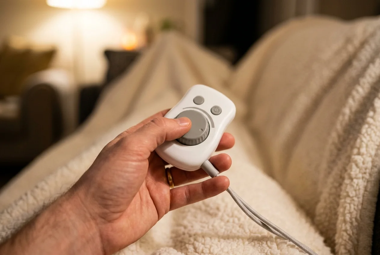 Close-up of a handheld electric heated throw controller showing heat-level settings