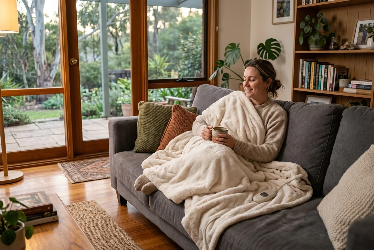 Person wrapped in a plush electric heated throw on a couch in a cosy Australian living room