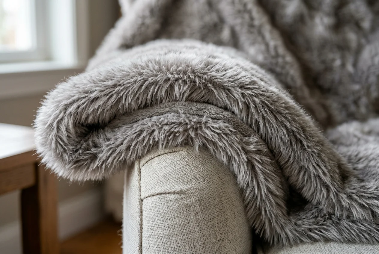 Close-up texture of a plush faux-fur electric heated throw folded on a lounge chair