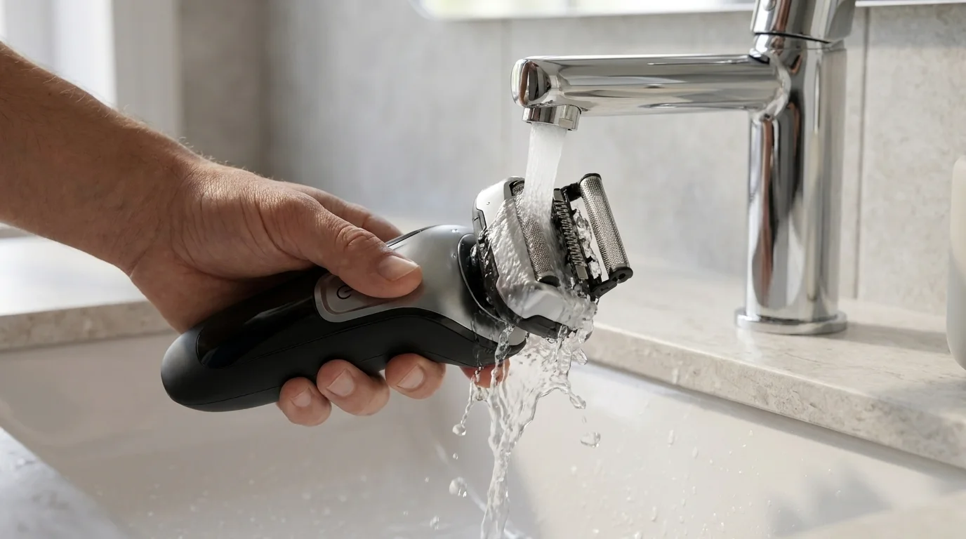Electric shaver head being rinsed clean under a running tap in a bathroom sink