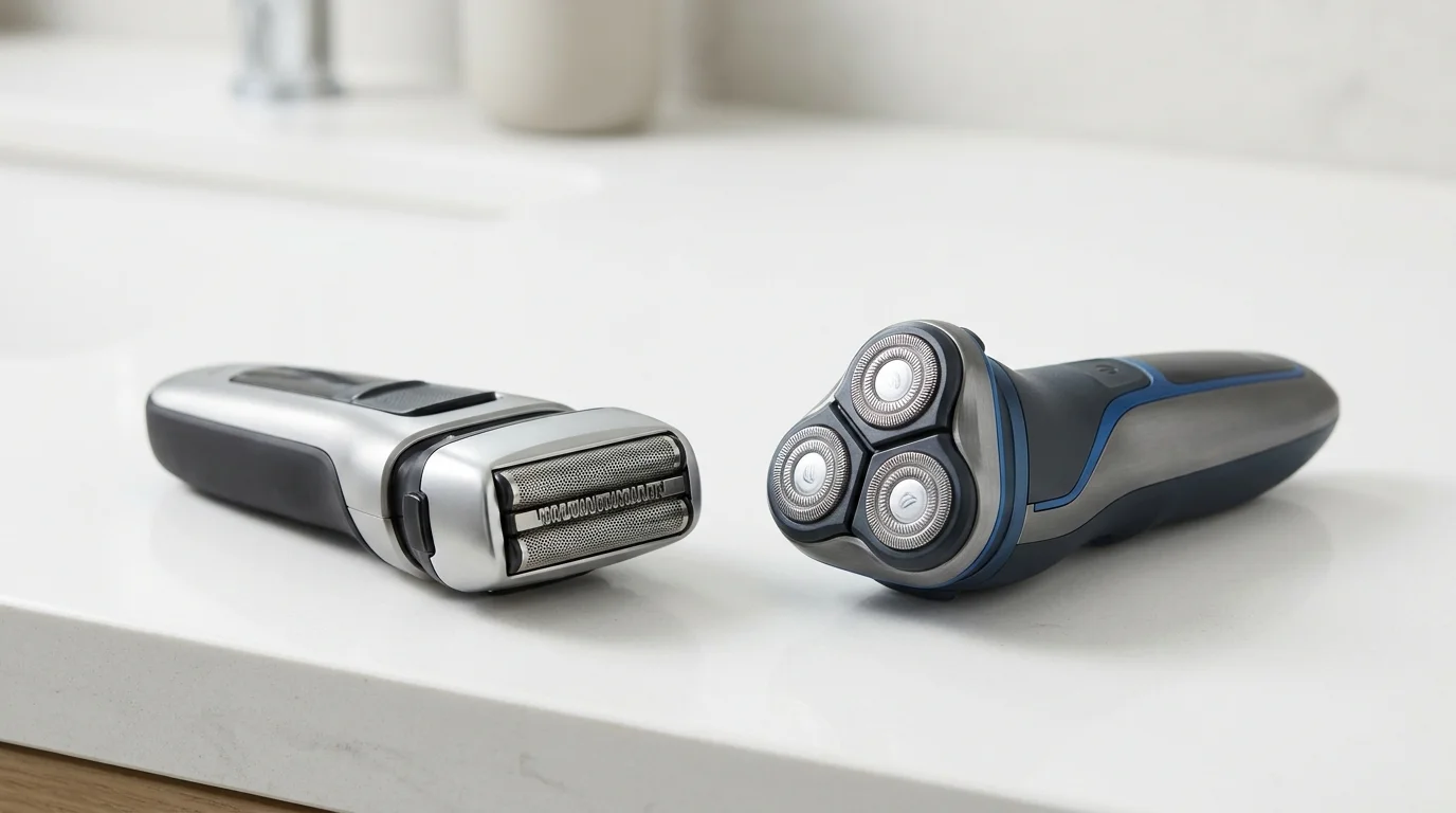 Foil electric shaver and rotary electric shaver placed side by side on a bright bathroom benchtop in Australia