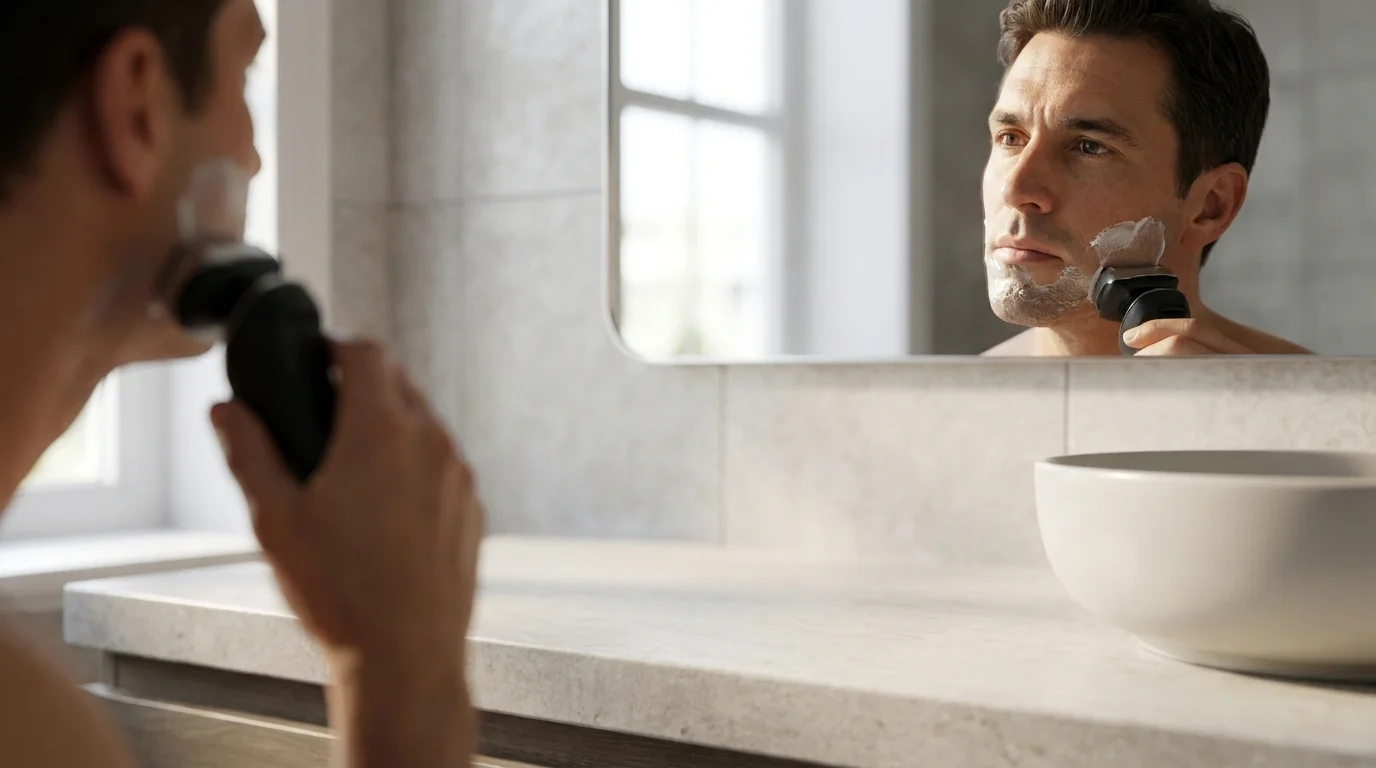 Man shaving with a wet and dry electric shaver and shaving gel at a bathroom mirror