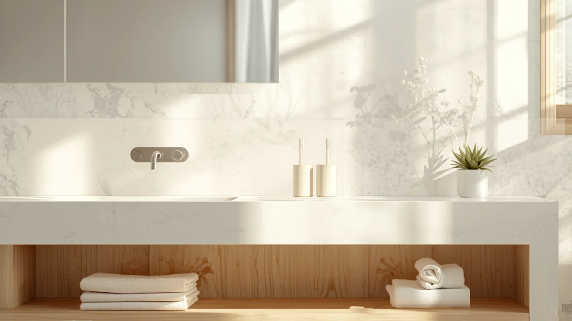 Bright modern bathroom vanity with toothbrush holder and mirror
