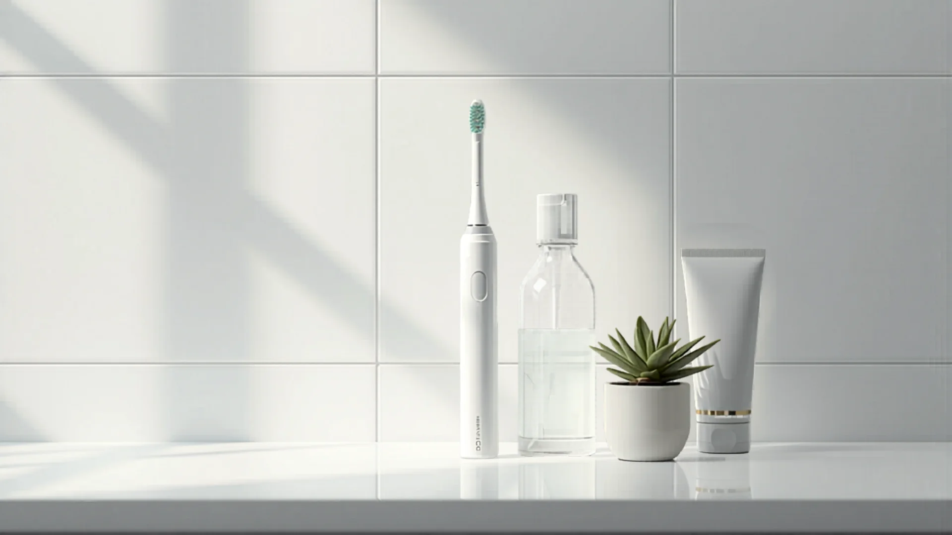 Clean modern bathroom counter with dental care products