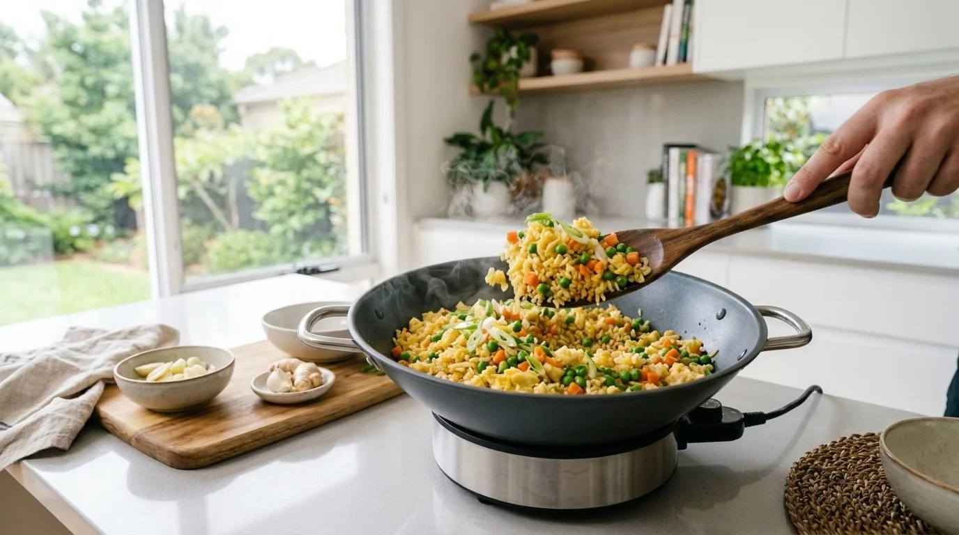 Golden fried rice with egg and spring onion cooked in an electric wok
