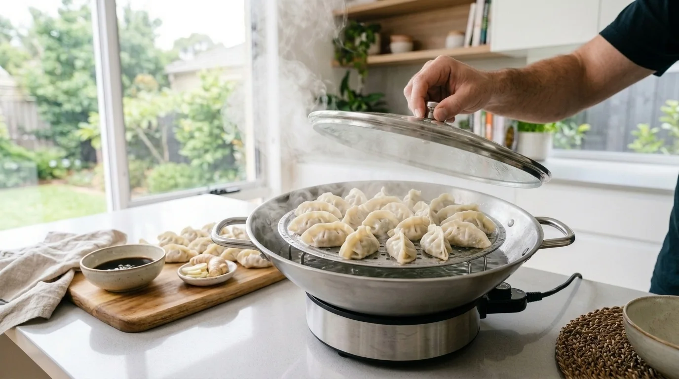 Steamer rack with dumplings inside an electric wok with the lid lifted