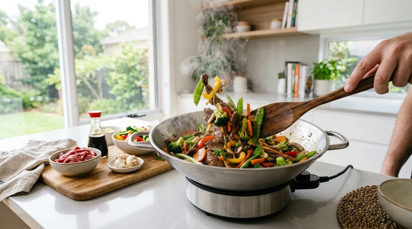 Colourful vegetable and beef stir-fry tossing in an electric wok in a modern Australian kitchen
