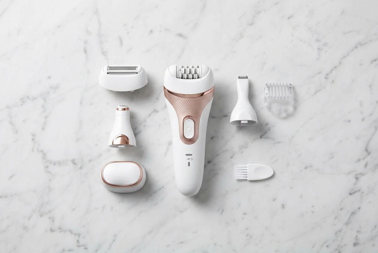 Epilator with interchangeable heads, caps and a bikini trimmer attachment laid out on a bathroom benchtop