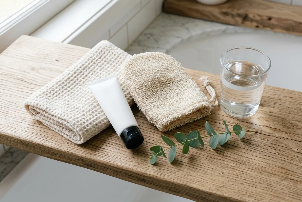 Skincare routine after epilating with exfoliating mitt and moisturiser on a bathroom shelf