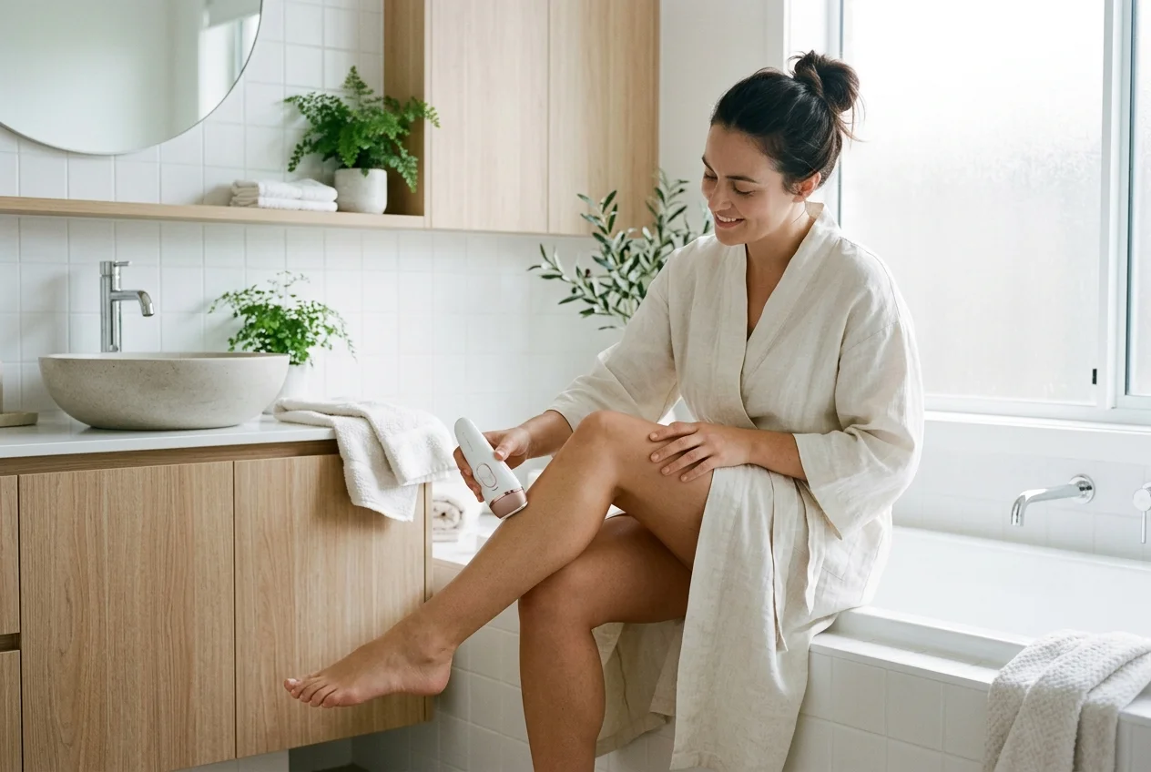 Person epilating their lower leg with a handheld epilator in a bright Australian bathroom