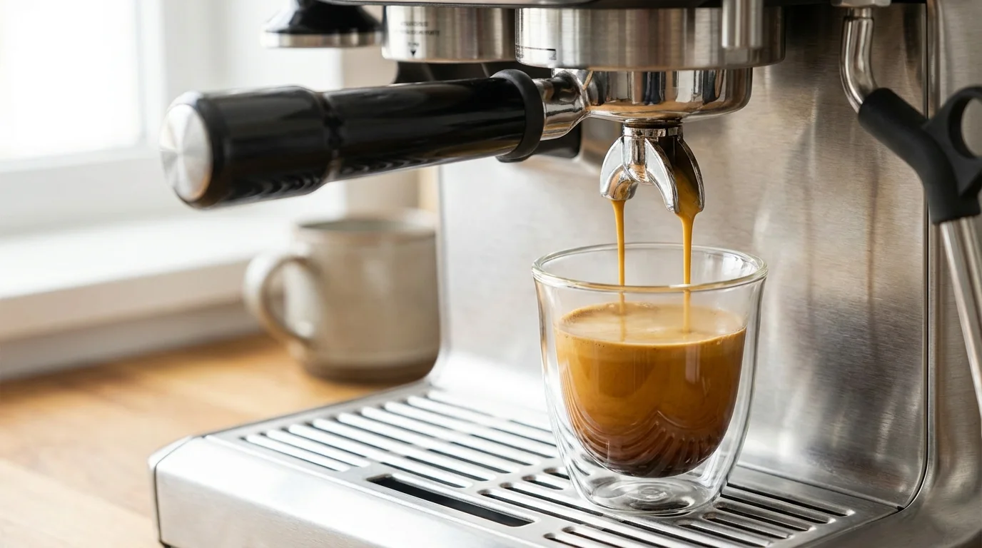 Espresso pouring from a portafilter into a cup on a home espresso machine