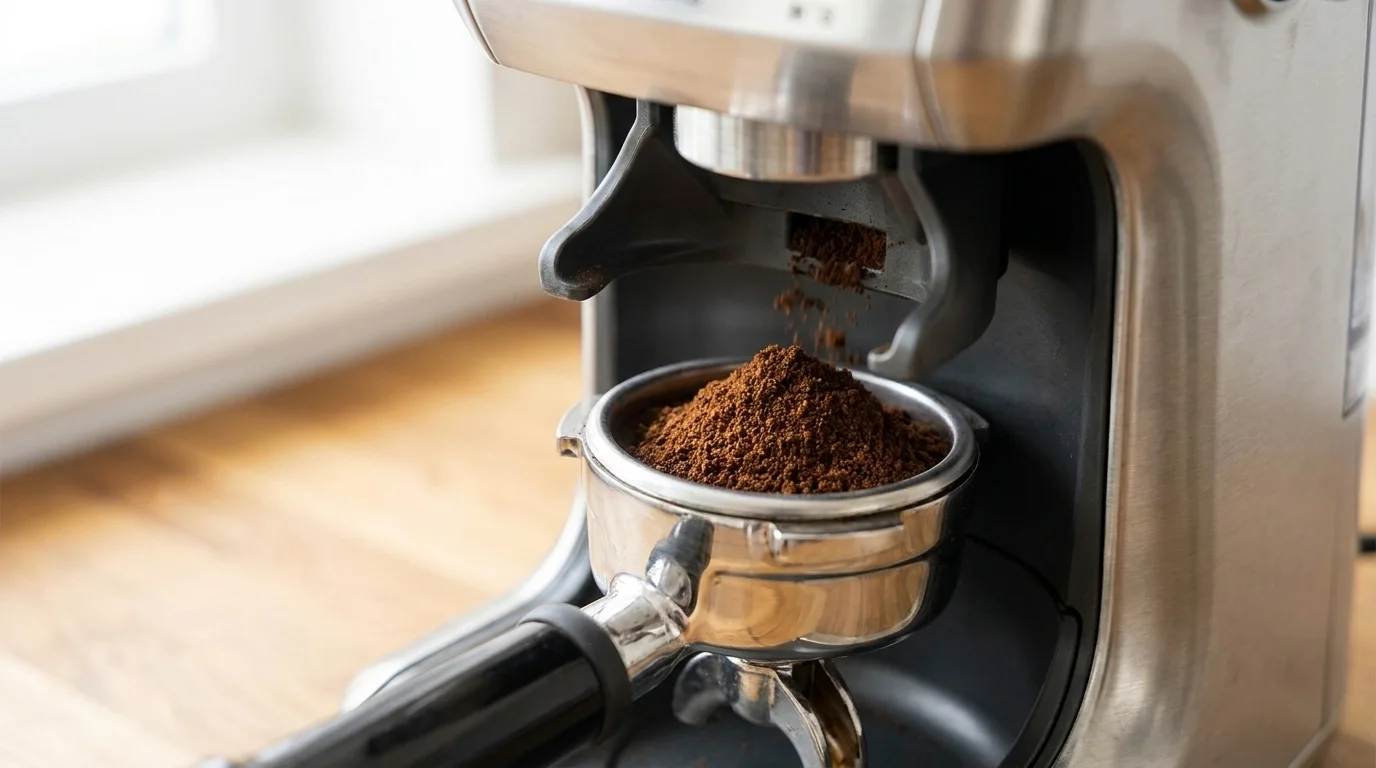 Coffee grinder dosing fresh ground coffee for espresso
