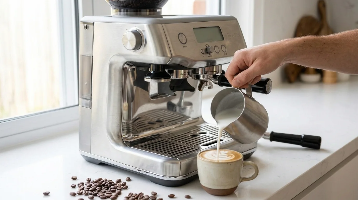 Latte art poured into a flat white from a home espresso machine