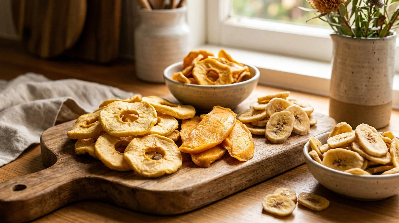 Trays of dried apple rings, mango and banana chips from a food dehydrator