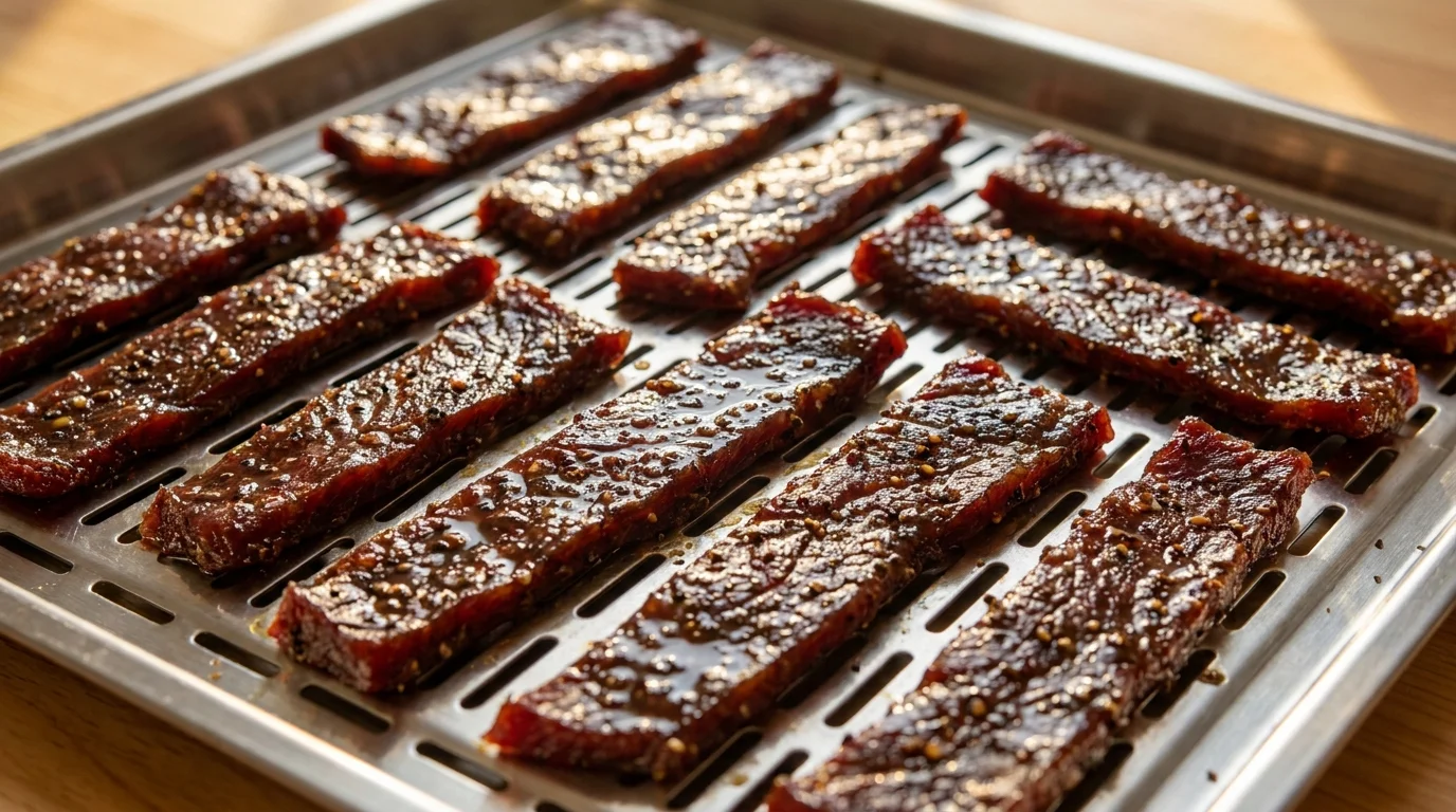 Homemade beef jerky strips drying on stainless steel dehydrator trays