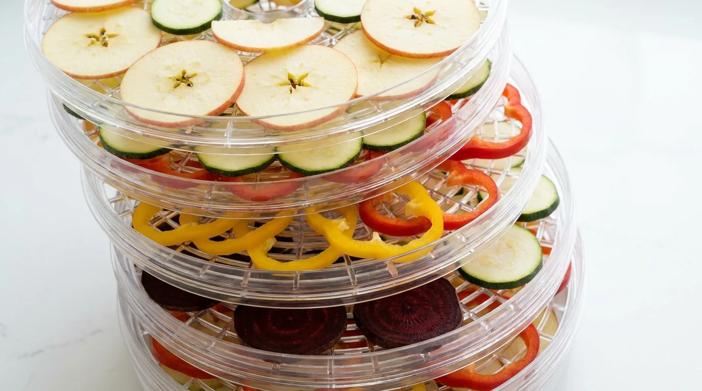 Stackable clear dehydrator trays loaded with sliced fruit and vegetables