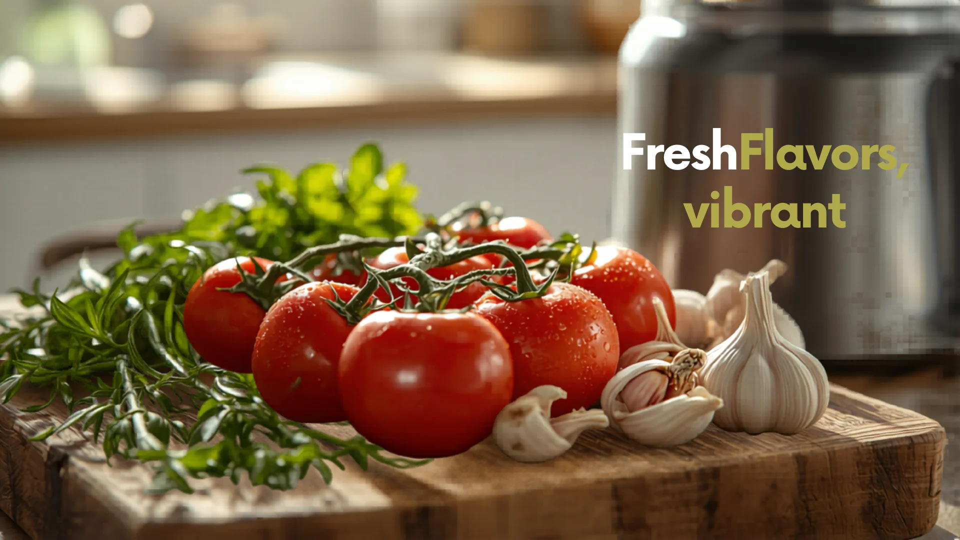 Fresh colorful ingredients on wooden cutting board next to food processor